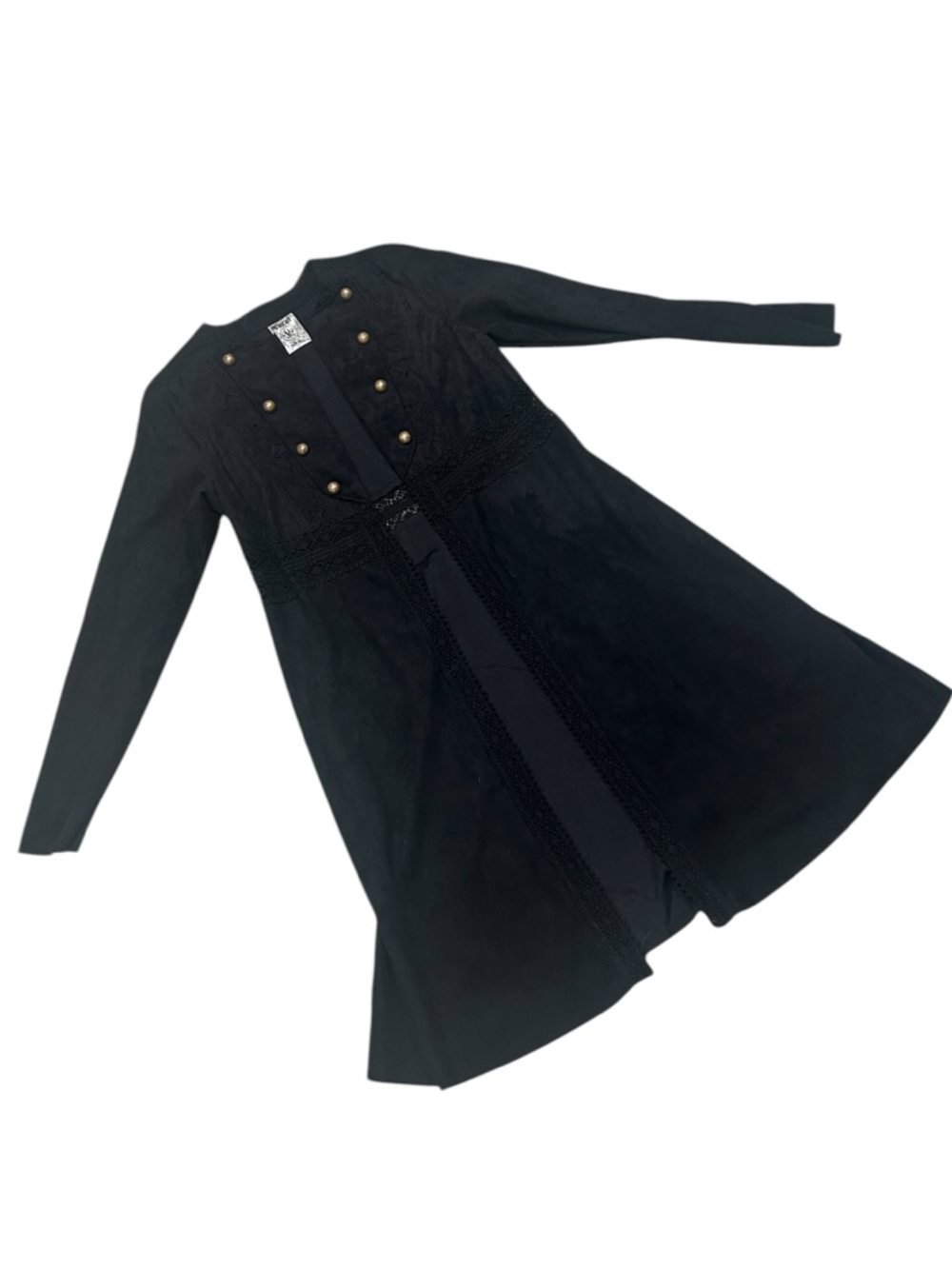Nwot Vocal black faux Suede Long duster Lace-Trim Military gold Button Jacket - Picture 3 of 11
